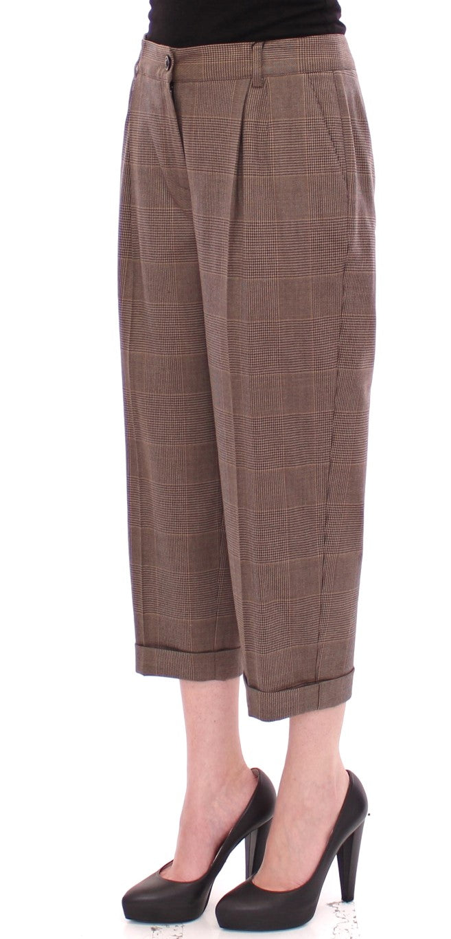 Brown Virgin Wool Checkered Cropped Pants