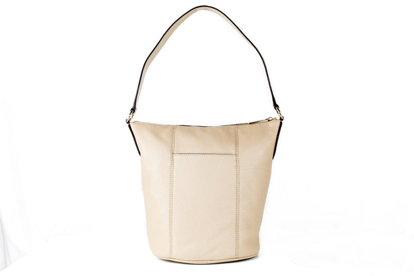 Brooke Medium Pebbled Leather Bucket Messenger Crossbody Handbag (Bisque)