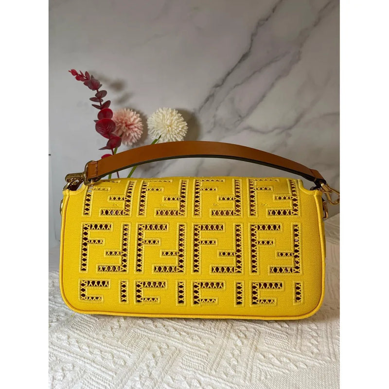 Yellow Canvas Embroidery  Baguette Leather Handbag