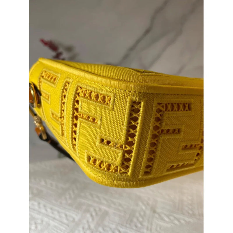 Yellow Canvas Embroidery  Baguette Leather Handbag