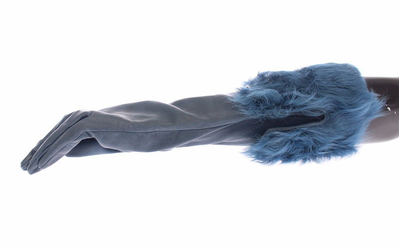 Blue Lambskin Leather Fur Logo Wrist Gloves