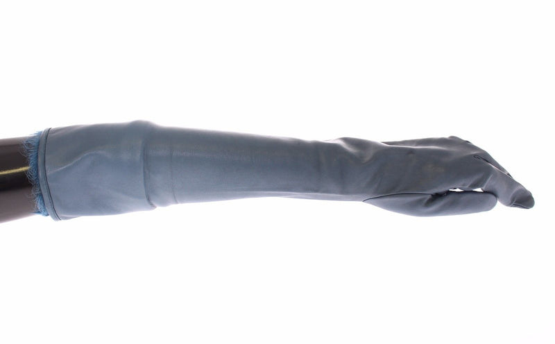Blue Lambskin Leather Fur Logo Wrist Gloves