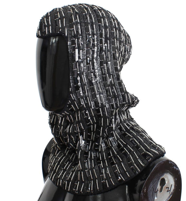 Black Wool Crystal Runway Crochet Hood