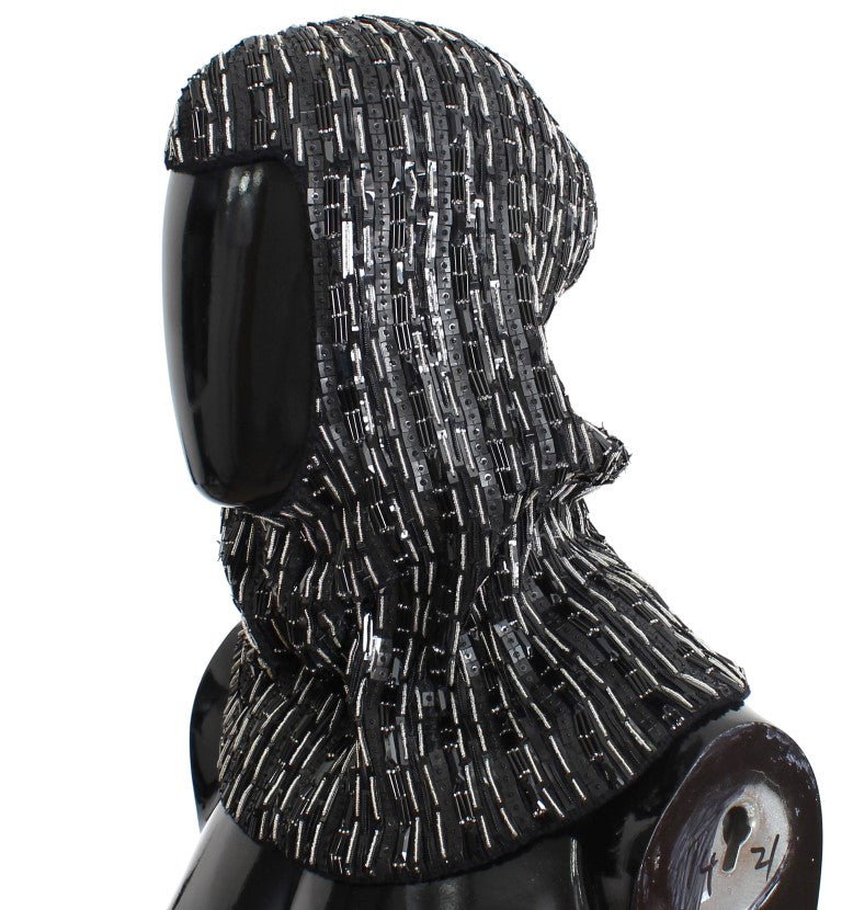 Black Wool Crystal Runway Crochet Hood