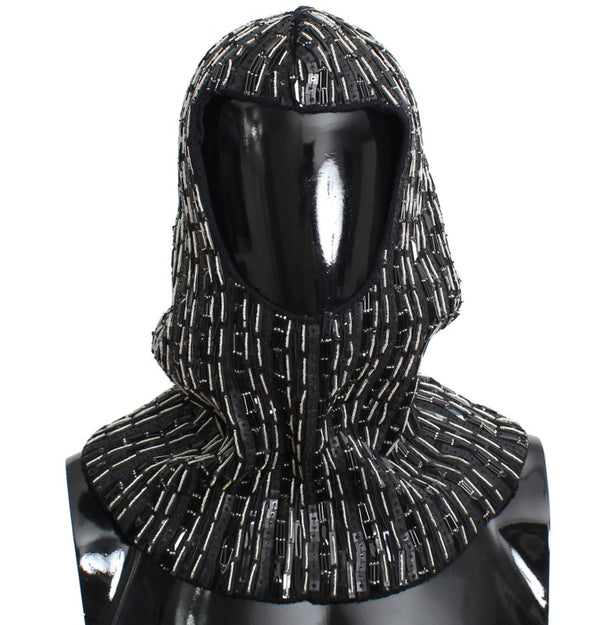 Black Wool Crystal Runway Crochet Hood