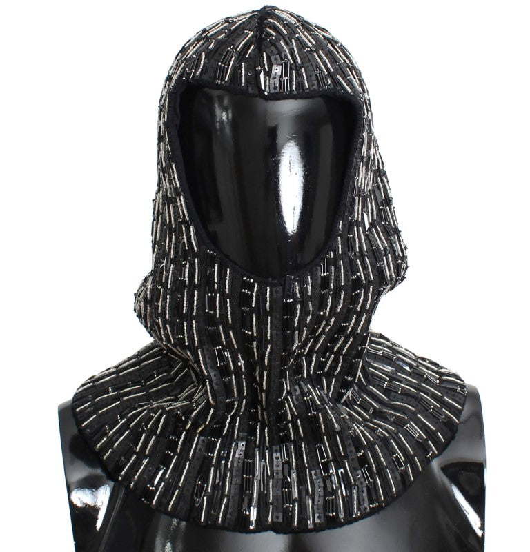 Black Wool Crystal Runway Crochet Hood