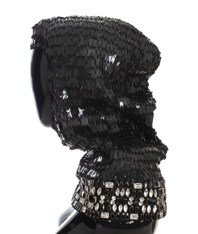 Black Knitted Wool Crystal Beaded Hood Scarf Hat
