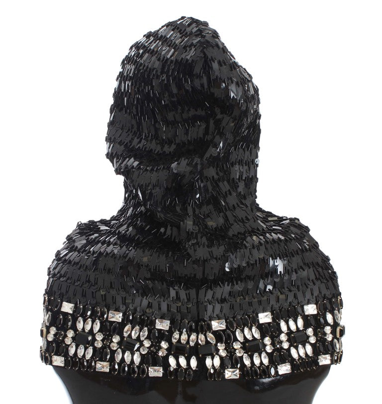 Black Knitted Wool Crystal Beaded Hood Scarf Hat