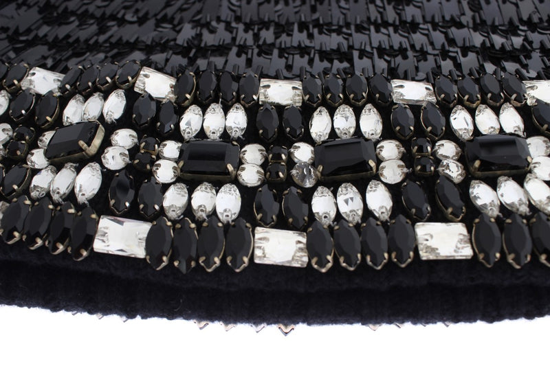 Black Knitted Wool Crystal Beaded Hood Scarf Hat