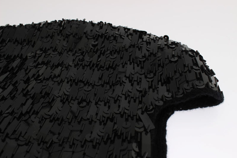 Black Knitted Wool Crystal Beaded Hood Scarf Hat