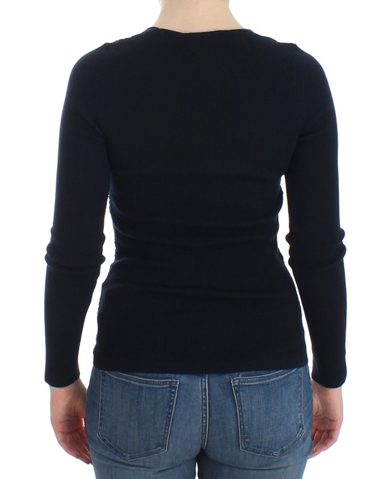 Blue Knitted Wool Stretch Sweater Top