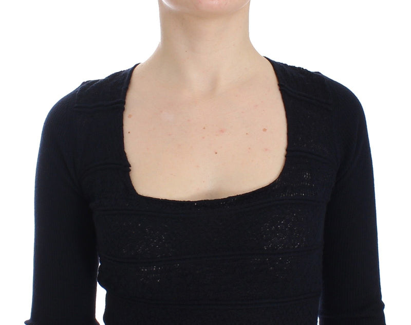 Blue Knitted Wool Stretch Sweater Top