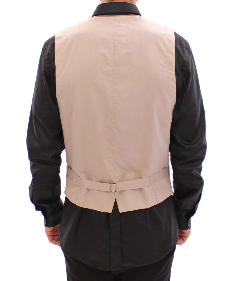 Beige Cotton Slim Fit Button Front Dress Vest