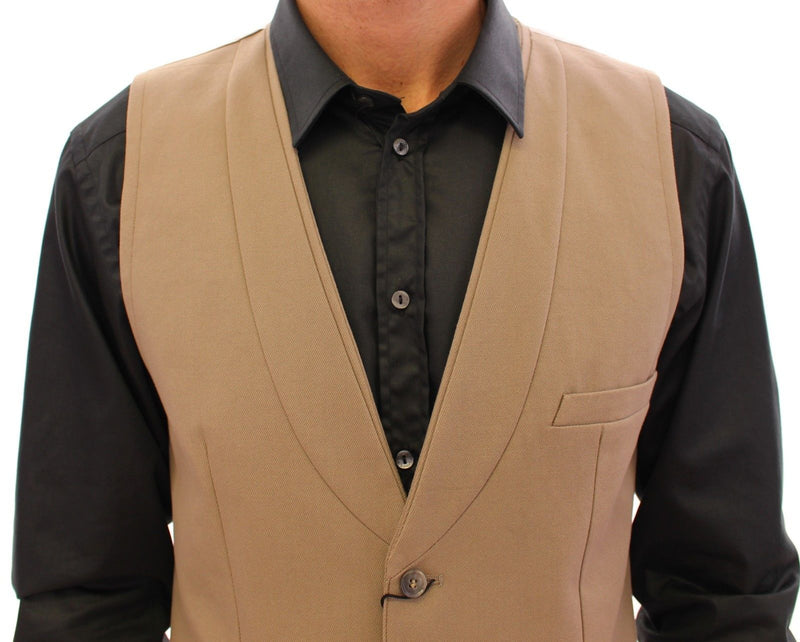 Beige Cotton Slim Fit Button Front Dress Vest