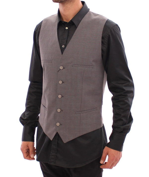 Gray Cotton Slim Fit Button Front Dress Vest