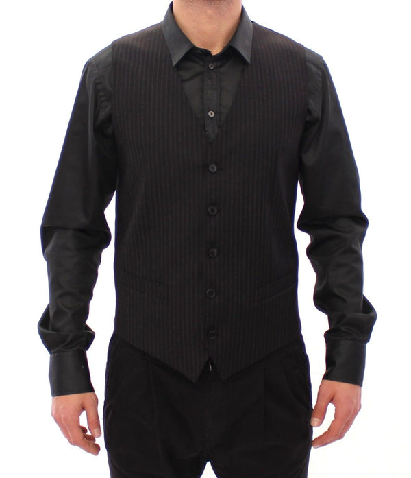 Black Striped Wool Single Breasted Vest