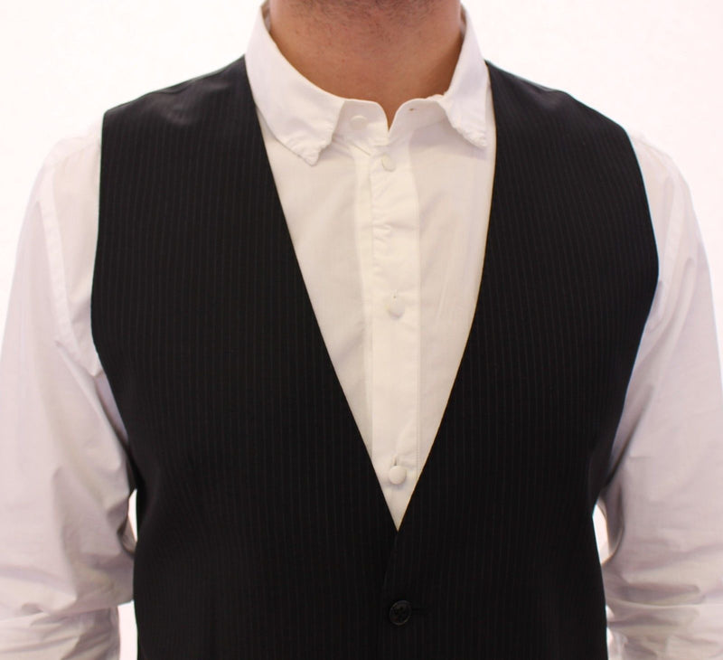 Black Striped Wool Single Breasted Vest