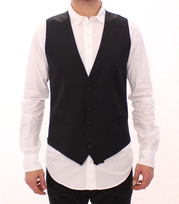 Black Striped Wool Single Breasted Vest