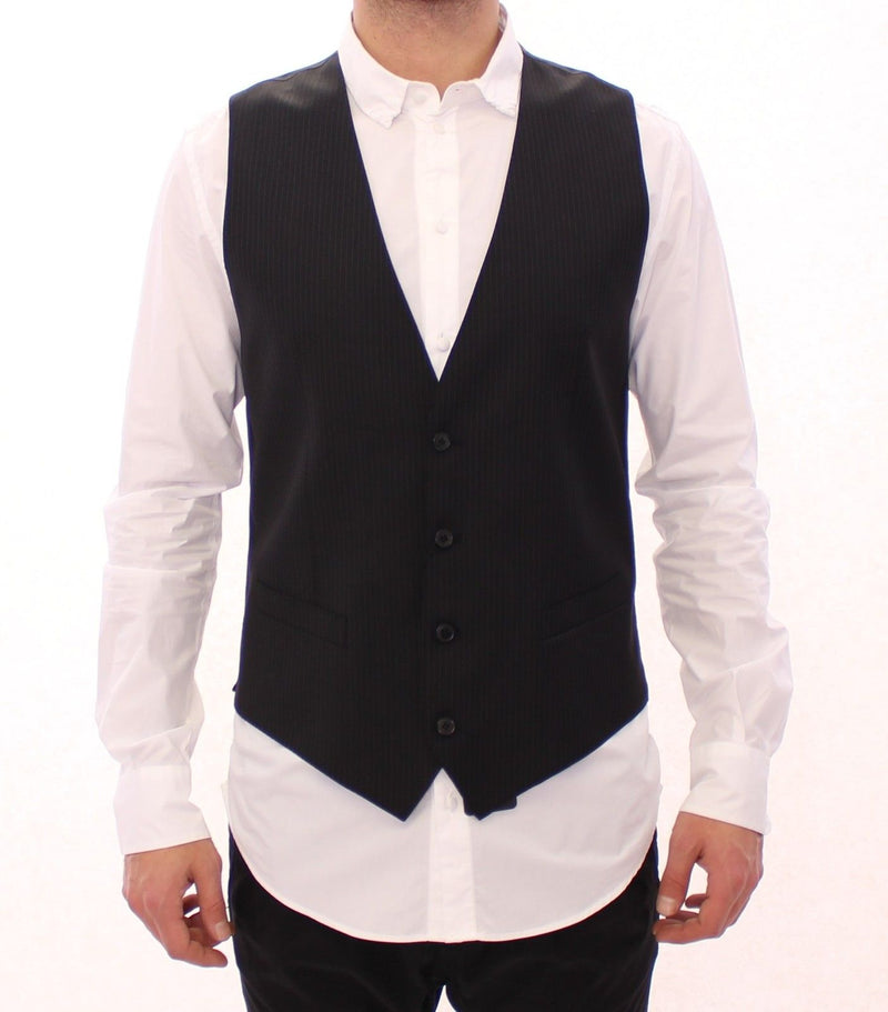 Black Striped Wool Single Breasted Vest