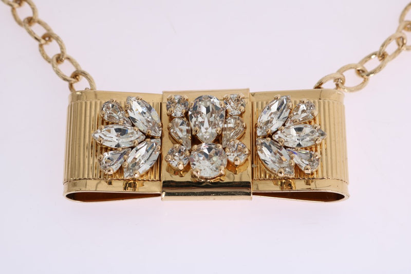 Gold Brass Clear Crystal Bow Necklace