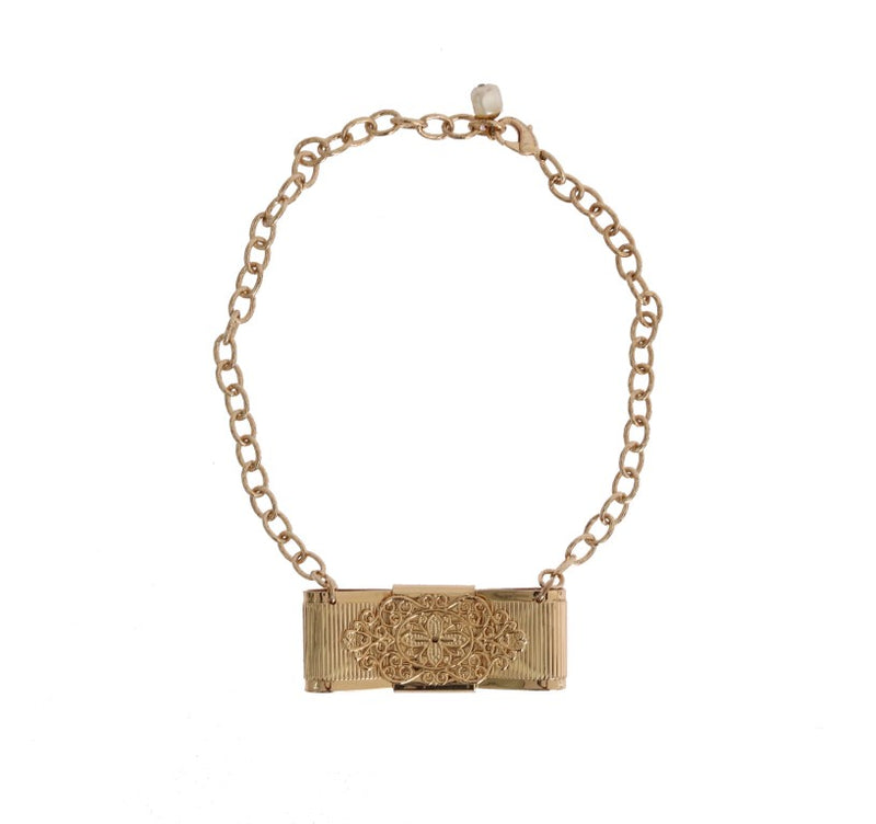 Gold Brass Clear Crystal Bow Necklace