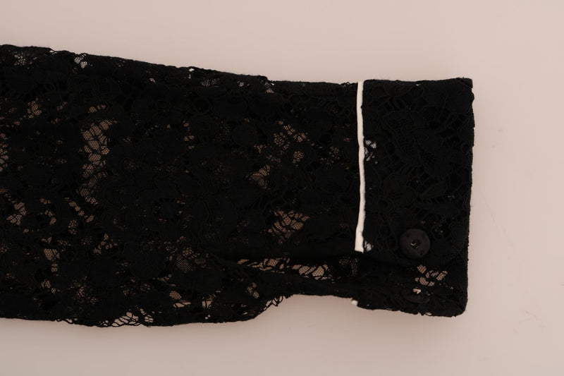 Black Crystal Button Floral Lace Shirt