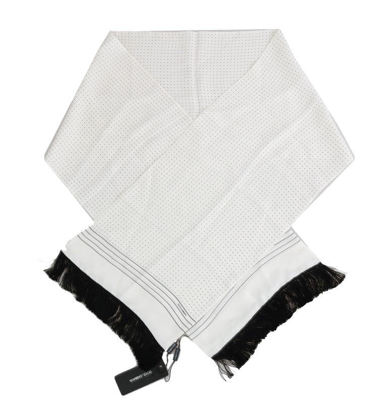 White Polka Dotted Silk Fringes Scarf