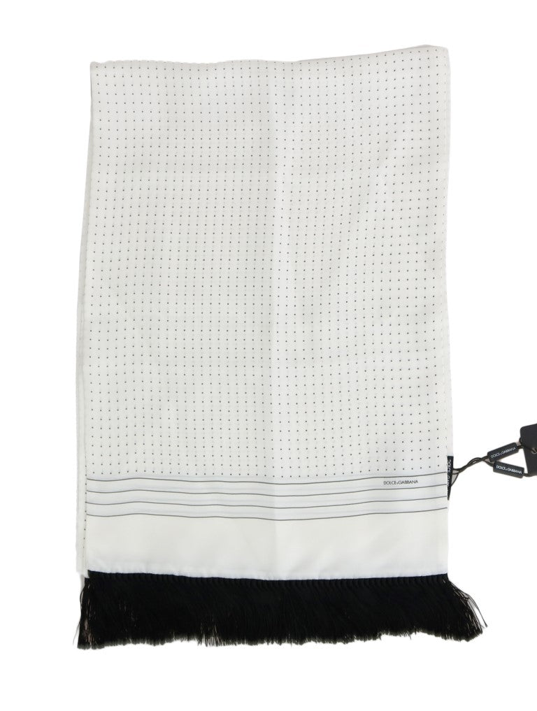 White Polka Dotted Silk Fringes Scarf