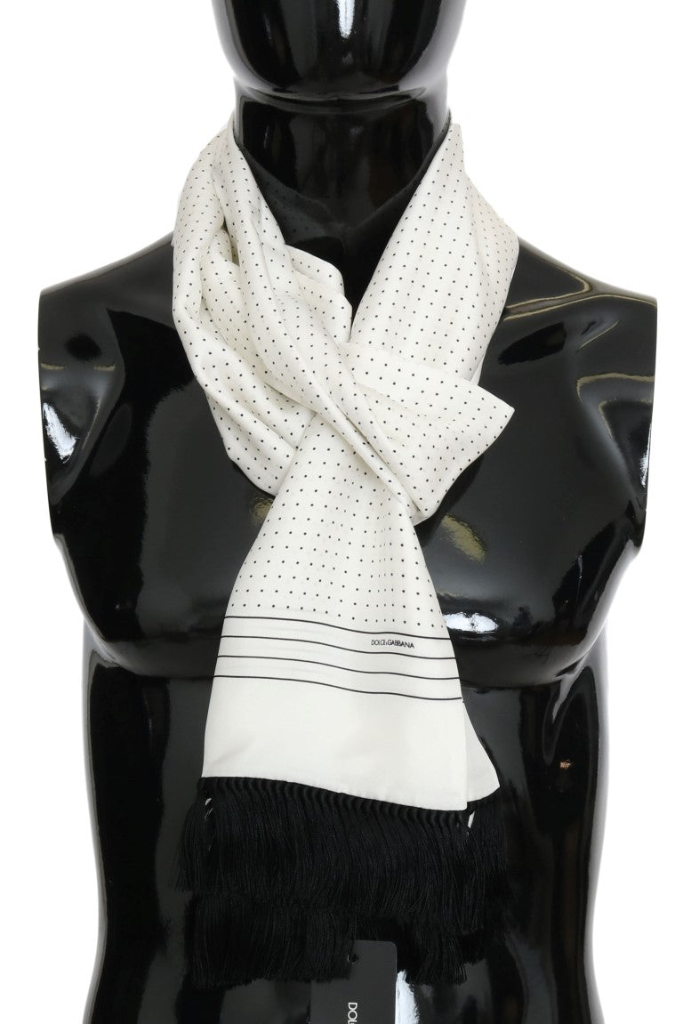 White Polka Dotted Silk Fringes Scarf
