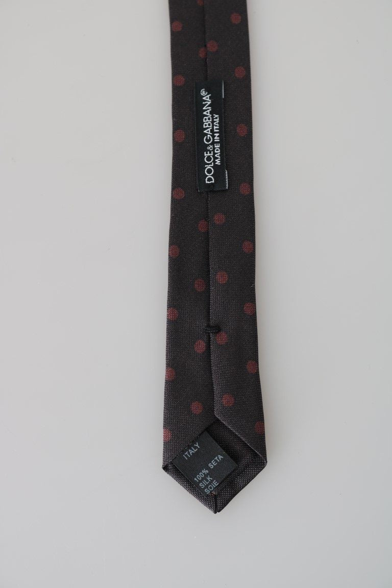 Brown Silk Red Polka Dot Print Slim Tie