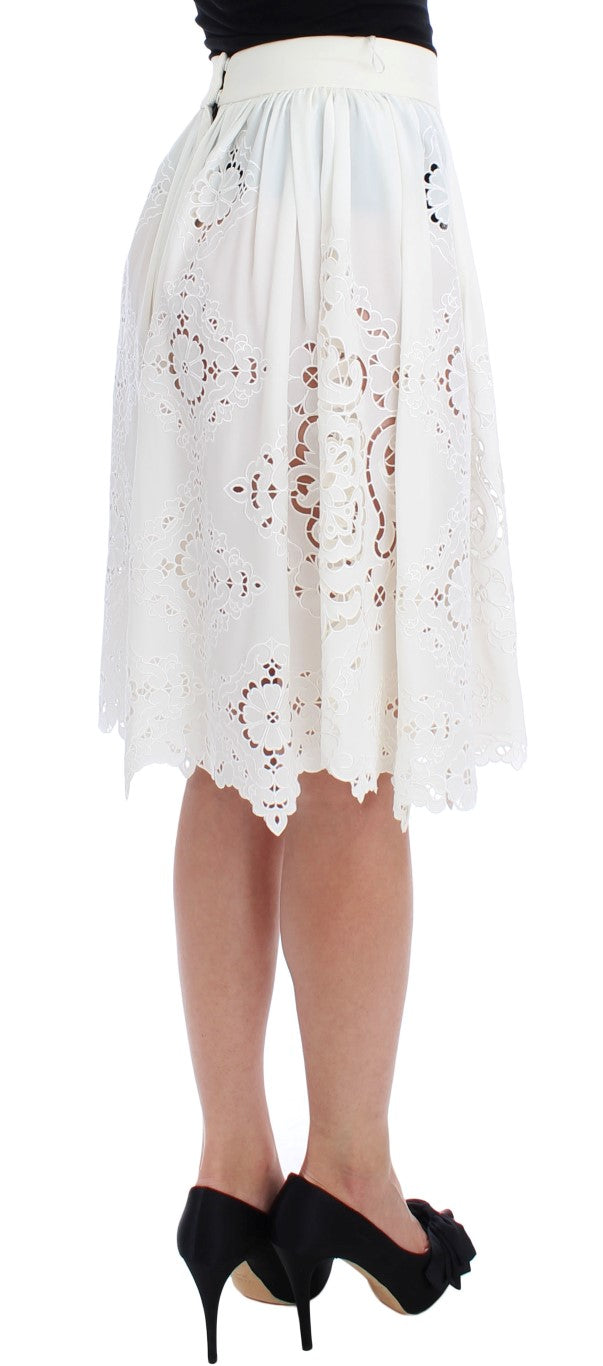 White Silk Floral Ricamo Knee Skirt