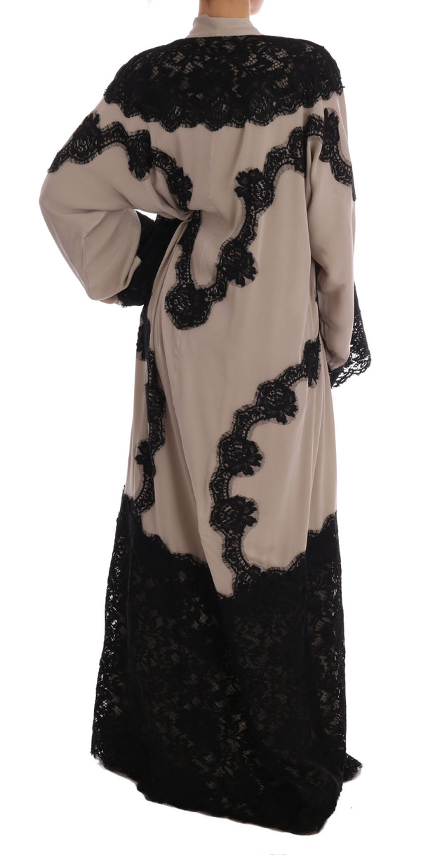 Beige Black Ricamo Kaftan Abaya Dress