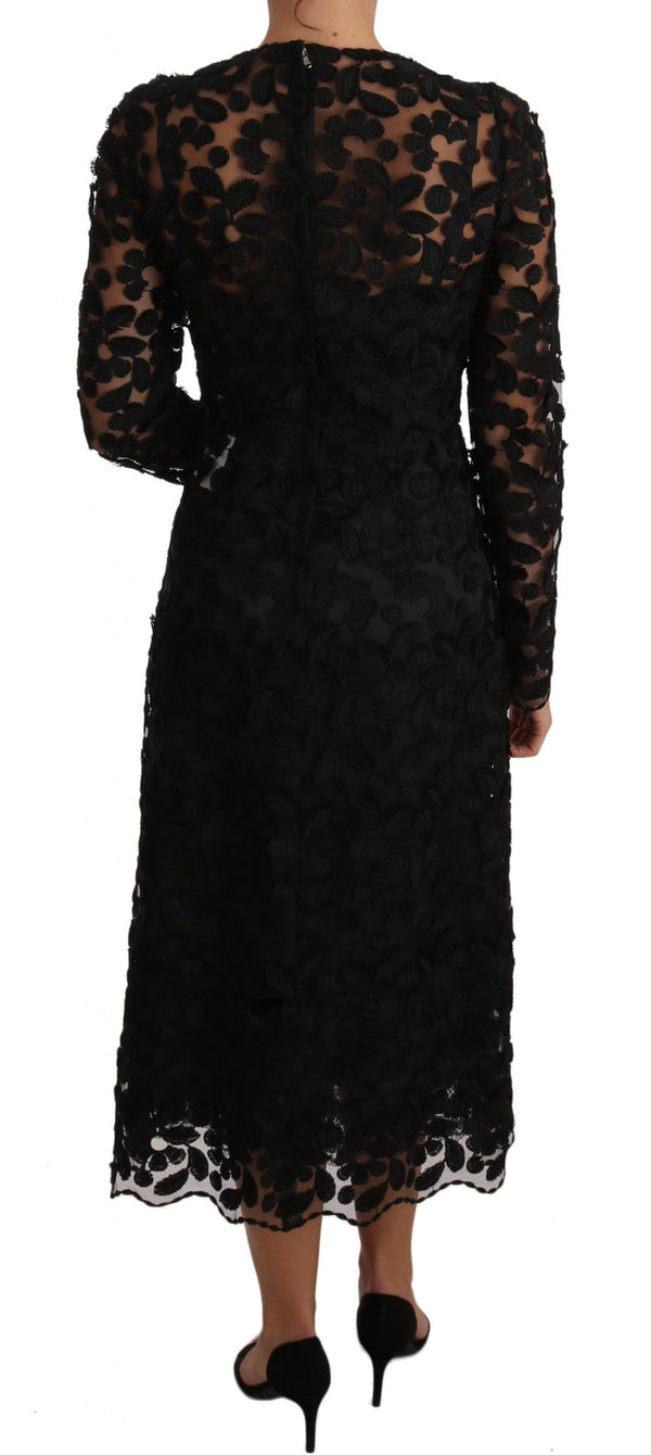 Black Floral Embroidered Midi Lace Dress