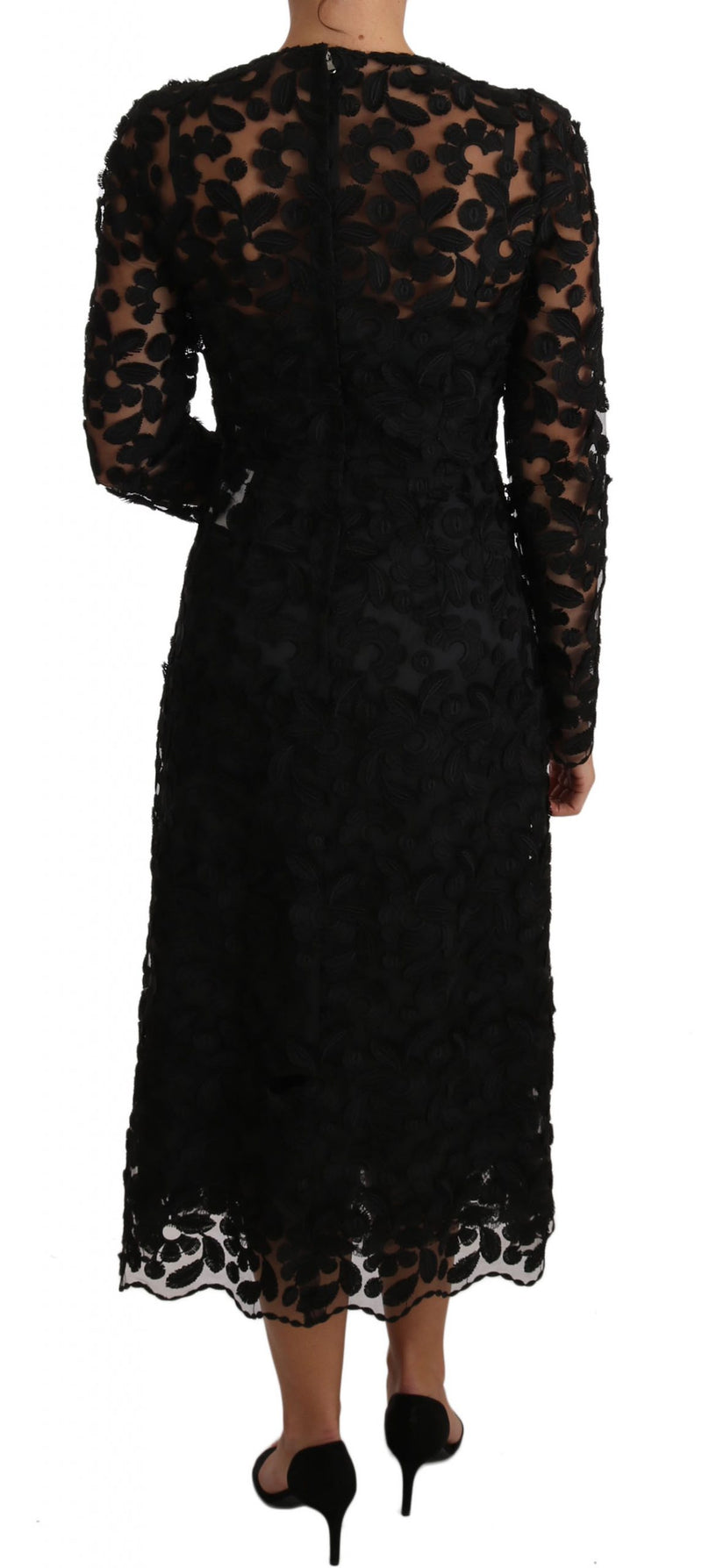 Black Floral Embroidered Midi Lace Dress