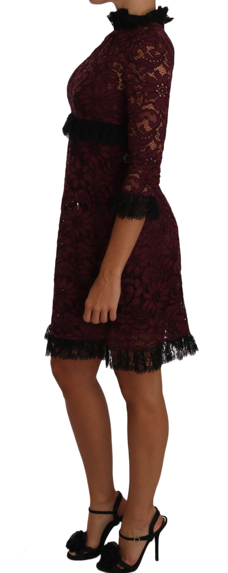 Black Floral Lace Burgundy Gown Mock Collar Dress