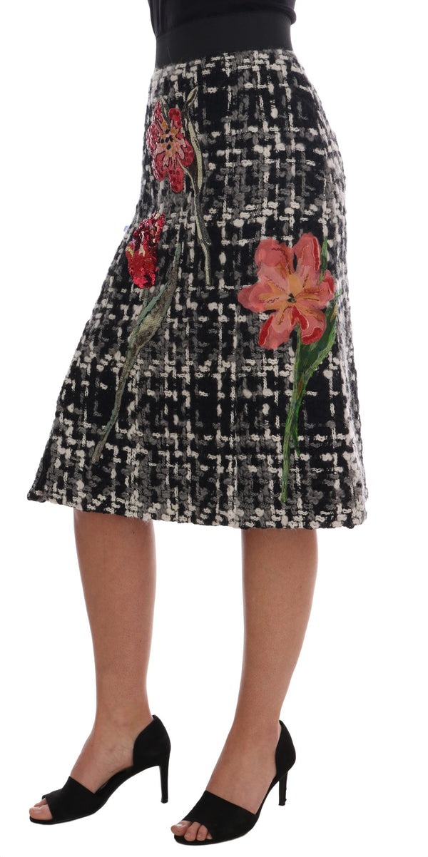 Black White Wool Sequined Roses  Skirt