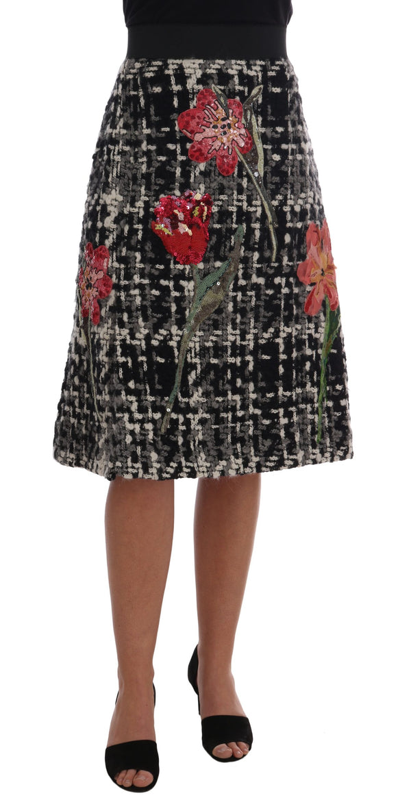 Black White Wool Sequined Roses  Skirt
