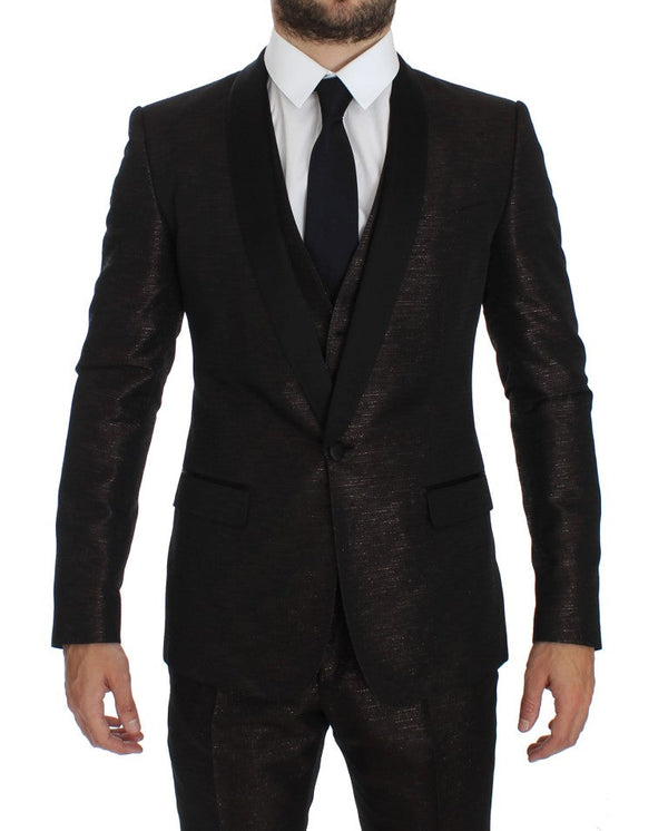 Brown Black Shiny 3 Piece Slim Suit Tuxedo