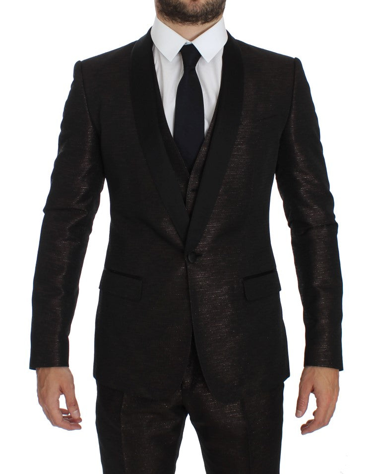 Brown Black Shiny 3 Piece Slim Suit Tuxedo