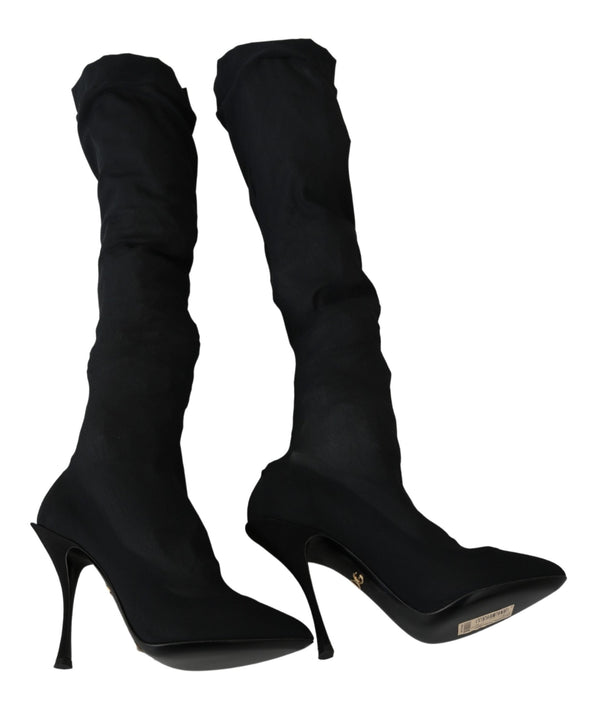 Black Tulle Stretch Knee Sock Boots