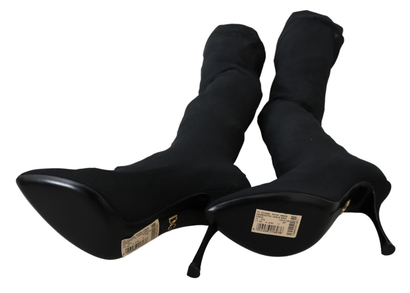 Black Tulle Stretch Knee Sock Boots