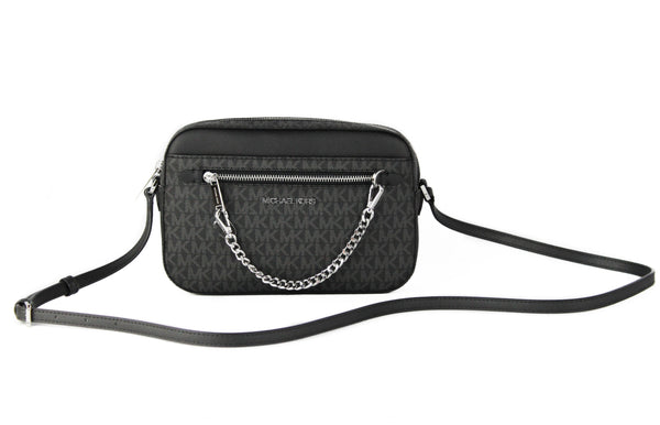 Jet Set Item Large East West Signature Leather Zip Chain Crossbody Handbag (Black PVC/Black)