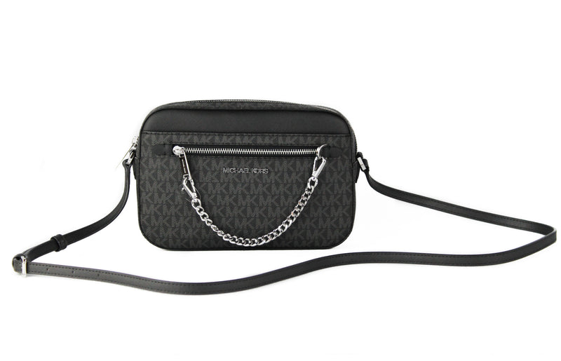 Jet Set Item Large East West Signature Leather Zip Chain Crossbody Handbag (Black PVC/Black)