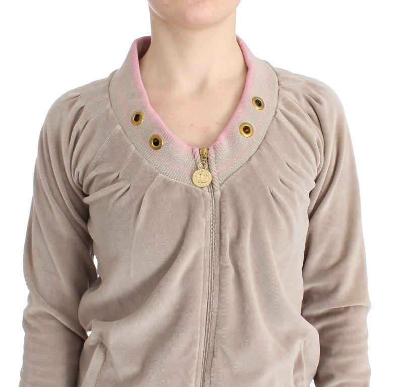 Beige velvet zipup sweater