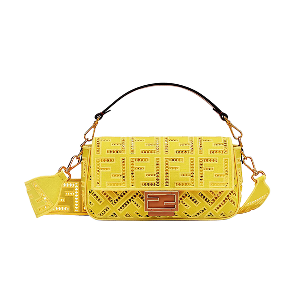 Yellow Canvas Embroidery  Baguette Leather Handbag
