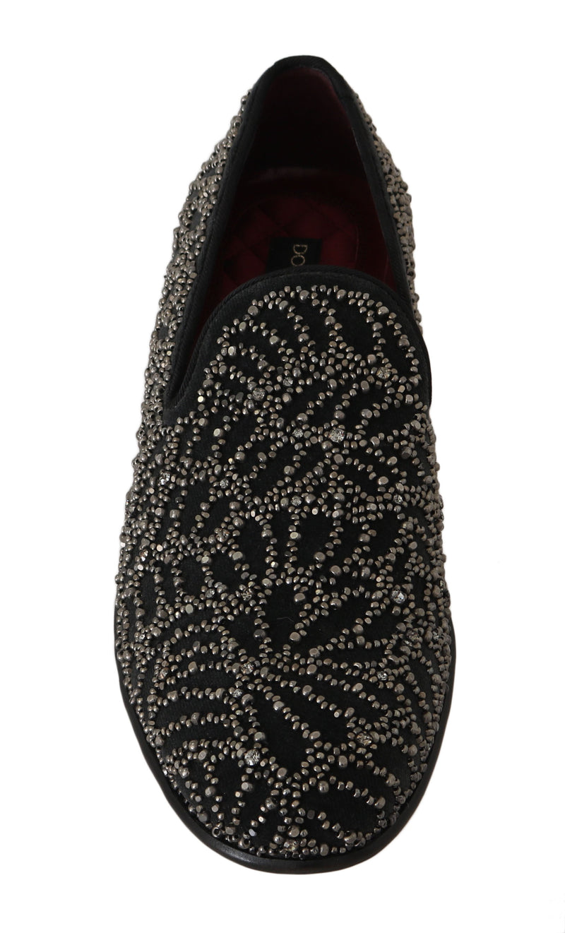 Black Velvet Crystal Beaded Loafers