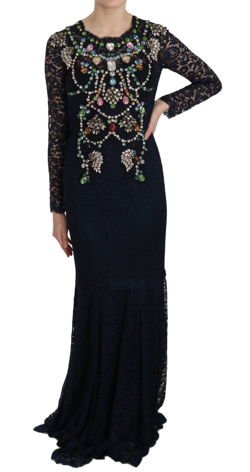 Blue Crystal Floral Lace Long Gown Dress