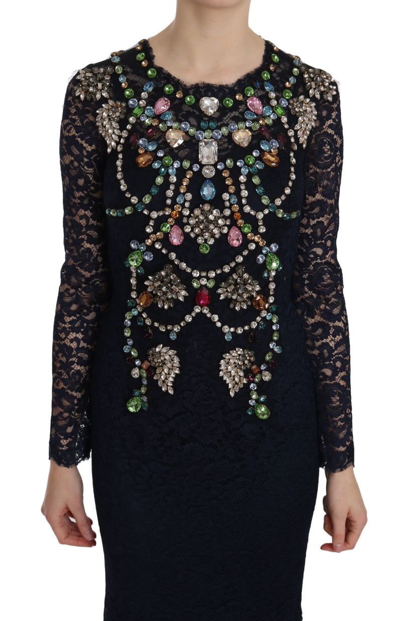 Blue Crystal Floral Lace Long Gown Dress