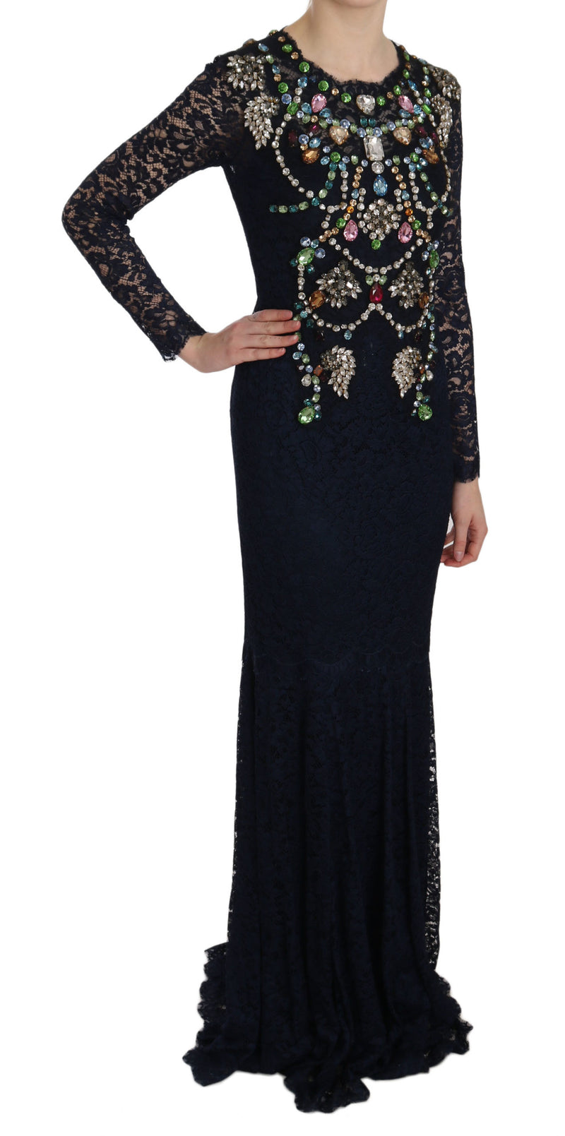 Blue Crystal Floral Lace Long Gown Dress