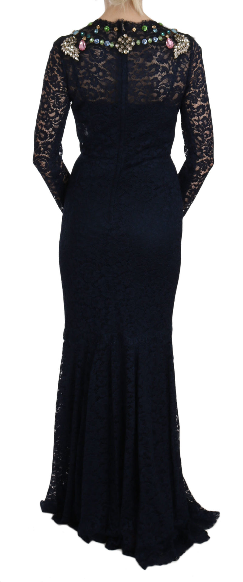 Blue Crystal Floral Lace Long Gown Dress